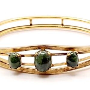 Vintage Carl-Art 12K Gold Filled Green Jade Bracelet - Gold Hinged Nephrite Jade